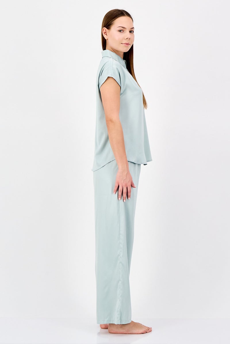 NINE WEST Women 2 Pcs Plain Short Sleeve Shirt And Pajamas Set, Light Sage - Image 4